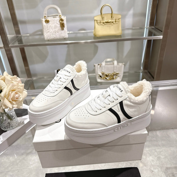Celine Block Triomphe Leather Wedge Sneakers 50mm Black White Calfskin Fur