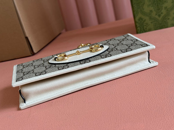 HORSEBIT 1955 WALLET IN BEIGE EBONY CANVAS MIX WHITE CALFSKIN GOLD CHAIN