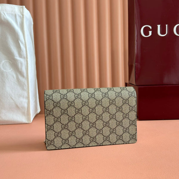 Gucci Marmont Chain Wallet Ebony mix Beige Leather Canvas 255315