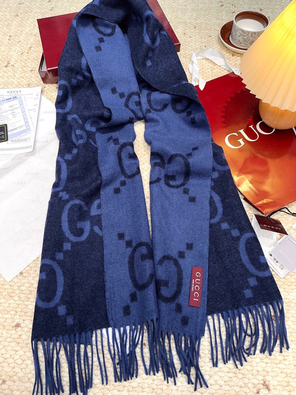GG Double G Jacquard Scarf 200CM Blue Black Wool 282791