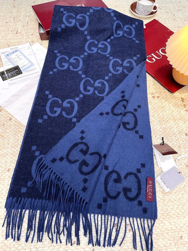 GG Double G Jacquard Scarf 200CM Blue Black Wool 282791
