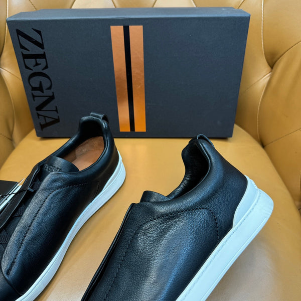 Zegna Men's Triple Stitch Sneakers Black Grain Leather
