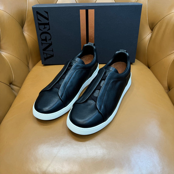 Zegna Men's Triple Stitch Sneakers Black Grain Leather