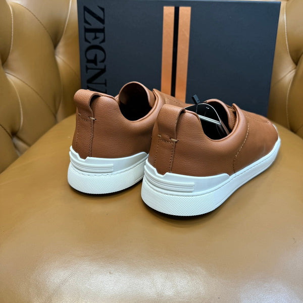 Zegna Men's Triple Stitch Sneakers Tan Grain Leather
