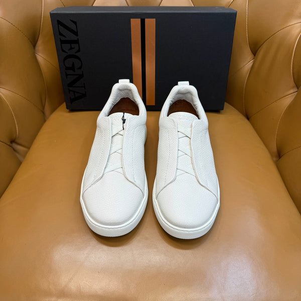 Zegna Men's Triple Stitch Sneakers White Grain Leather