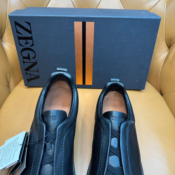 Zegna Men's Triple Stitch Sneakers Full Black Grain Leather