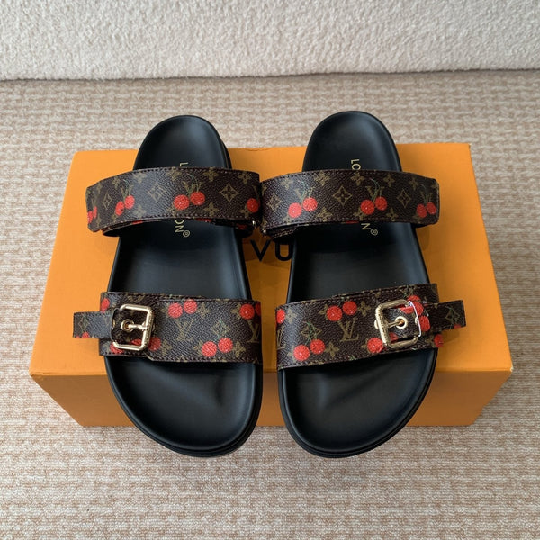 Bom Dia Flat Comfort Mule LV x TM Brown Sheepskin Mix Cherry Motif 319378