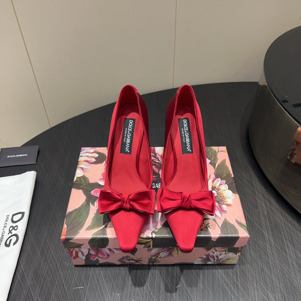 DC 25 Toe Bow High Heel Shoes 100mm Red Silk And Sheepskin 381610