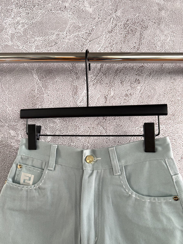 Fendi Hand-made Needle-picking Shorts Blue Green Cotton