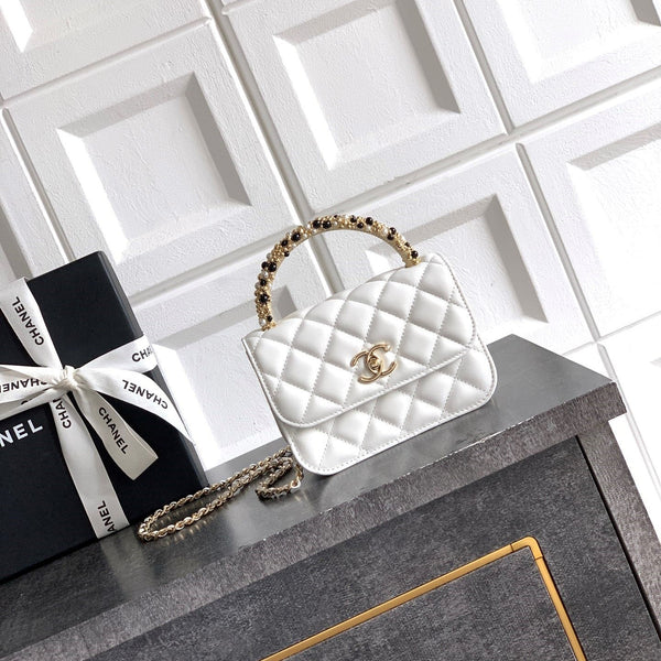 CC Mini Flap Bag 15 With Handle White Lambskin
