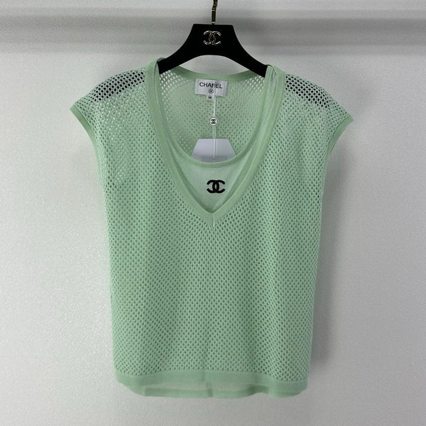 Chanel 2026 Openwork Knit Vest Green Wool 395635
