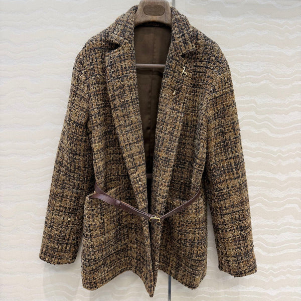 LP 26s Belted Tweed Blazer Coat Brown Wool Blend 429462
