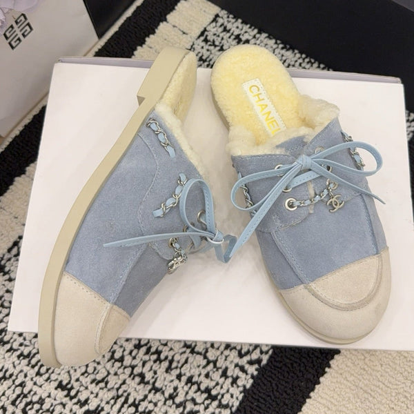 CC 26 Shearling Slip-on Loafer Blue White Suede Wool 588716