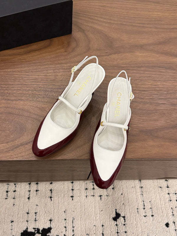 CC 26FW Slingback 7.5cm Chocolate White Lambskin Patent Leather 676117