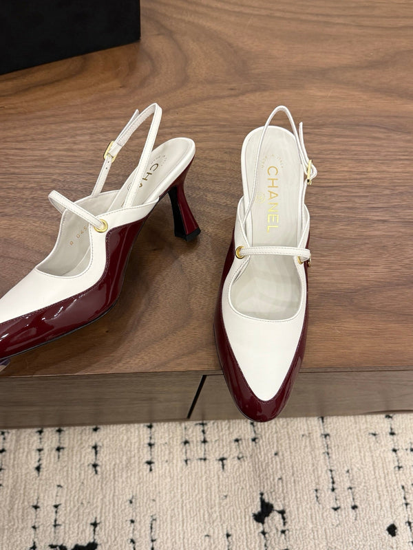 CC 26FW Slingback 7.5cm Chocolate White Lambskin Patent Leather 676117