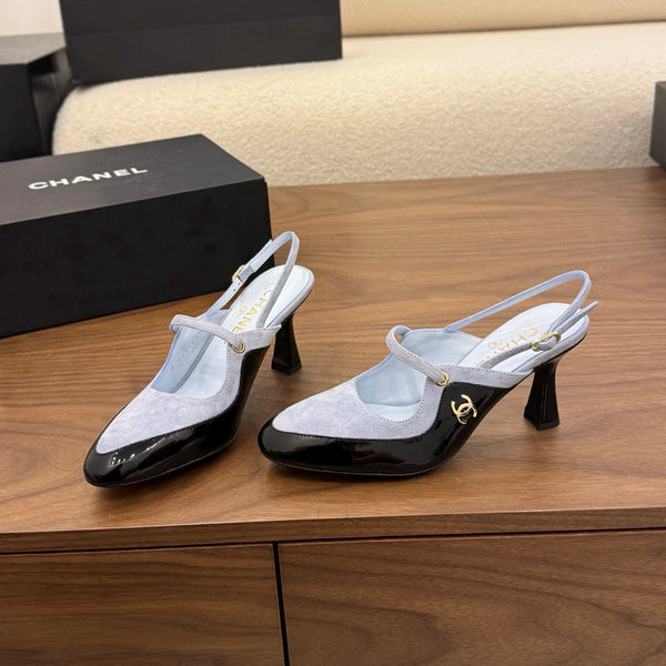 CC 26FW Slingback 7.5cm Grey Black Suede Patent Leather 676121