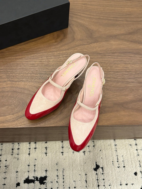 CC 26FW Slingback 7.5cm Pink Red Suede Patent Leather 676122
