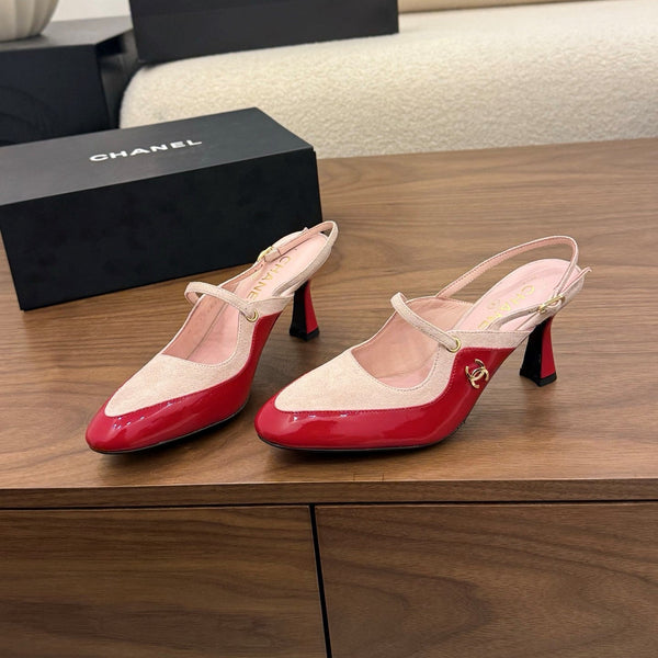 CC 26FW Slingback 7.5cm Pink Red Suede Patent Leather 676122