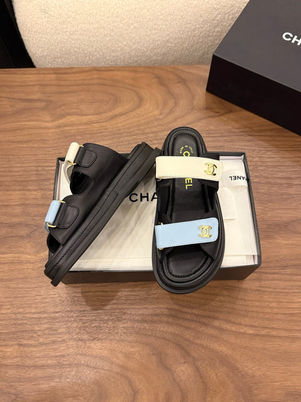 CC Dad Mules White Black Blue Calfskin 850571