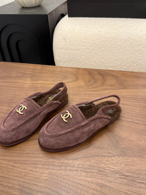 CC 26s Slingback Loafers Dark Taupe Suede Shearling 122674