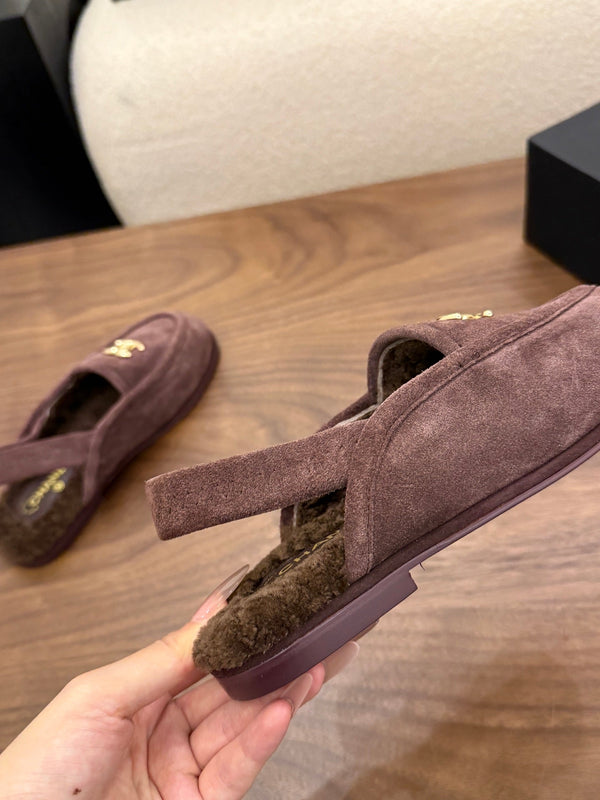 CC 26s Slingback Loafers Dark Taupe Suede Shearling 122674