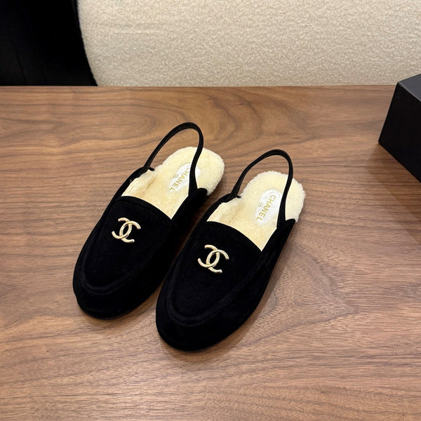 CC 26s Slingback Loafers Black Cream Suede Shearling 122677