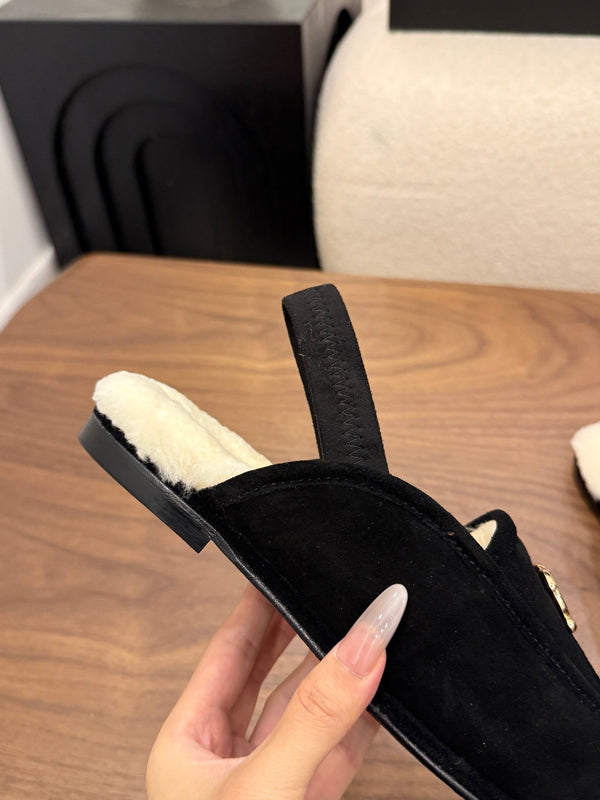 CC 26s Slingback Loafers Black Cream Suede Shearling 122677