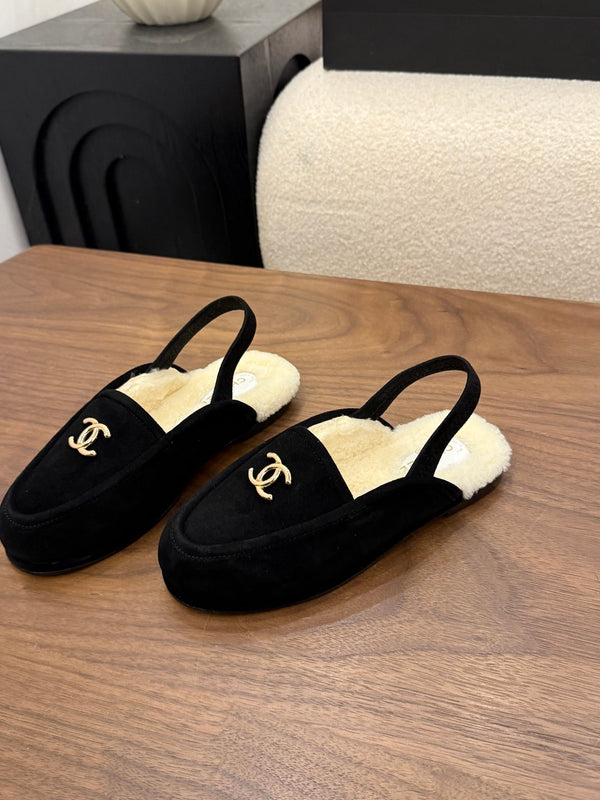 CC 26s Slingback Loafers Black Cream Suede Shearling 122677