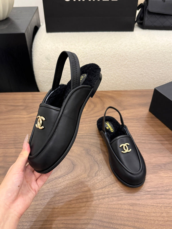 CC 26s Slingback Loafers Black Leather Shearling 122678