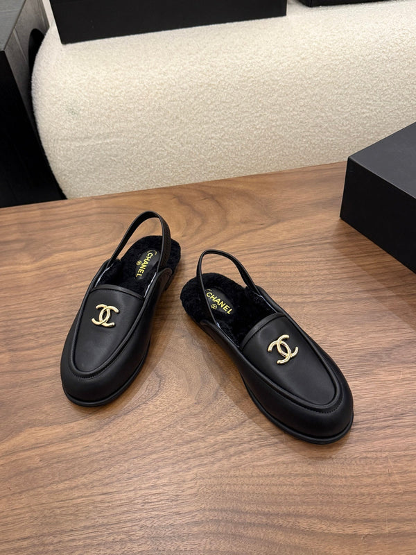 CC 26s Slingback Loafers Black Leather Shearling 122678
