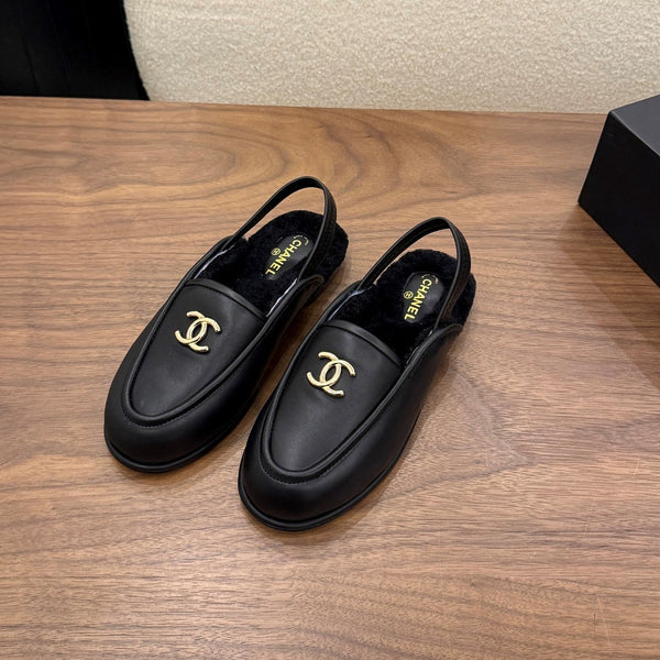 CC 26s Slingback Loafers Black Leather Shearling 122678