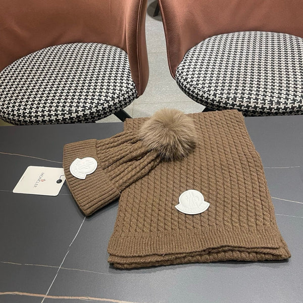 Moncler Hat Scarf Set Brown Cable Knit Fur 481808