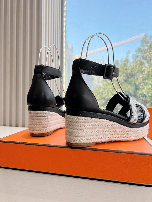 HM 25C Elda espadrille Black Mix White Denim and Goatskin 202832