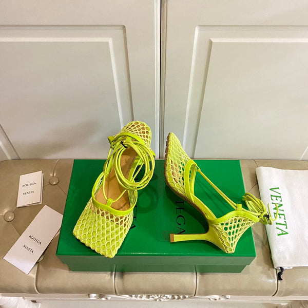 BV 26s Stretch Lace-Up Sandal 9cm Neon Green Metallized Mesh Leather