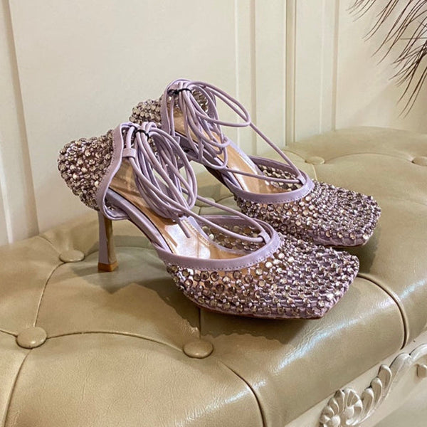BV 26s Stretch Lace-Up Sandal 9cm Light Purple Metallized Mesh Leather