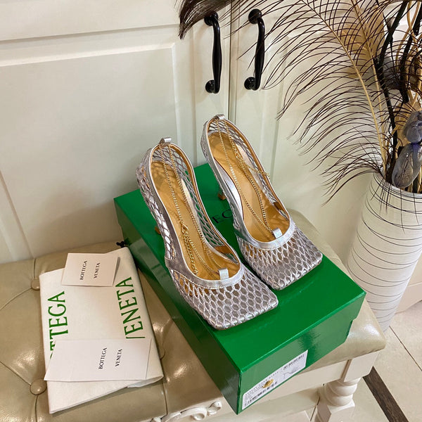 BV 26s Stretch Lace-Up Sandal 9cm Silver Metallized Mesh Leather