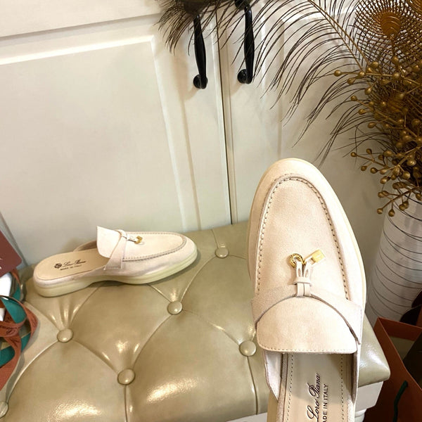 LP 26s Lock Charm Mules In Beige Suede