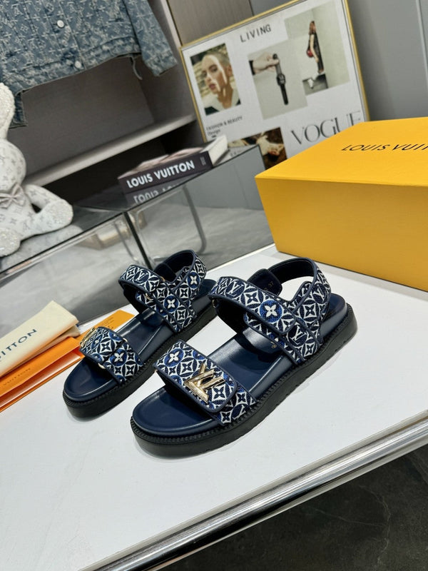LV Sunset Flat Comfort Sandal Navy Blue Monogram Jacquard Calfskin Cotton 626706