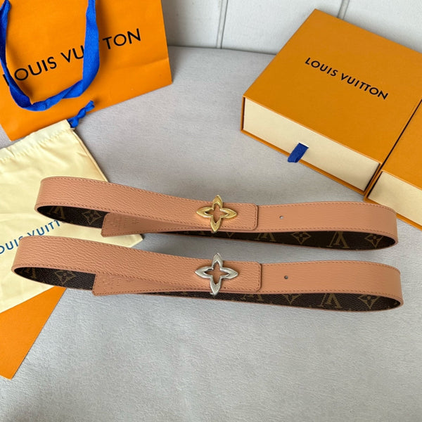 LV Flowergram 30mm Reversible Belt Silver Buckle Beige Brown Leather