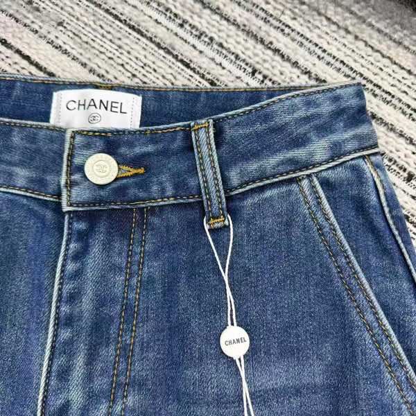 Chanel 2025 Double C Logo Beaded Straight-leg Jeans Blue Cotton 319001