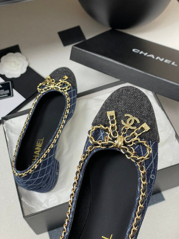 CC 25S 60mm Chain Bow Single Pumps Dark Blue Denim Black Grosgrain 247666