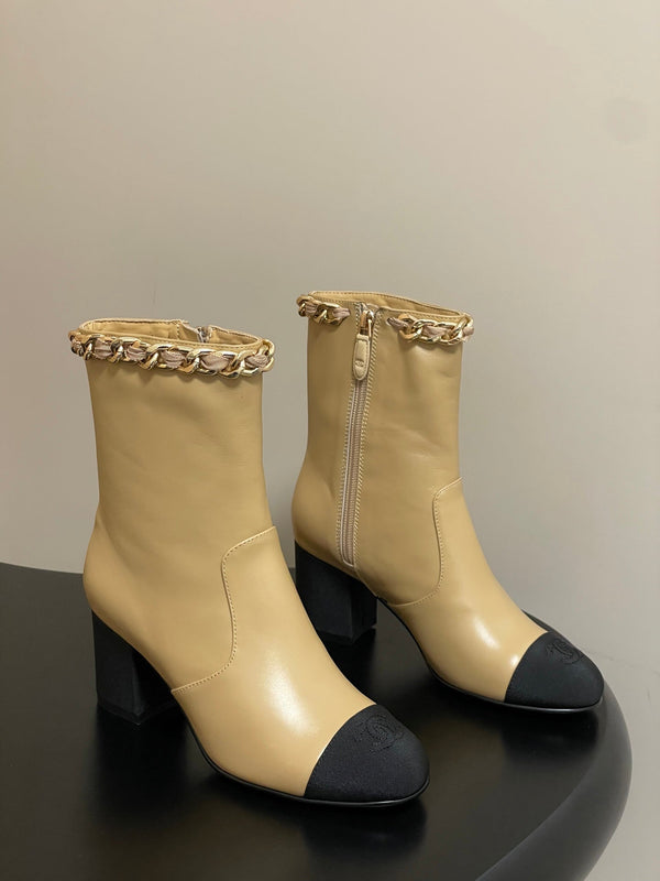 CC 25B Chain Short Boot 70mm Black Beige Denim Cowhide 423147