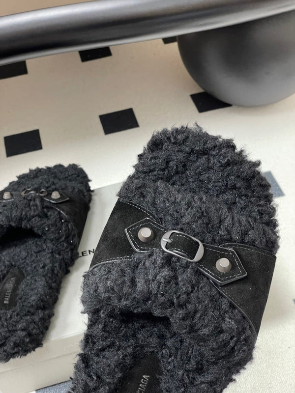 Balenciaga Classic Buckle Slippers Black Wool 535030