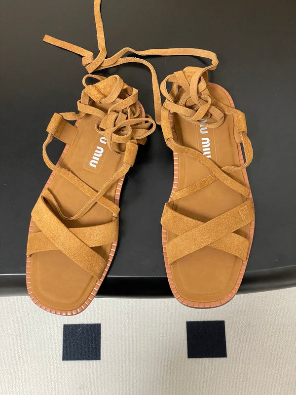 Miu Strappy Sandals Tan Brown Suede 834948