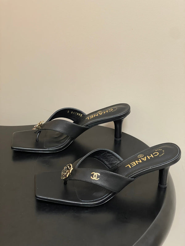 CC 26s Camellia High-Heeled Sandals Square Toe 6cm Black Leather 834729