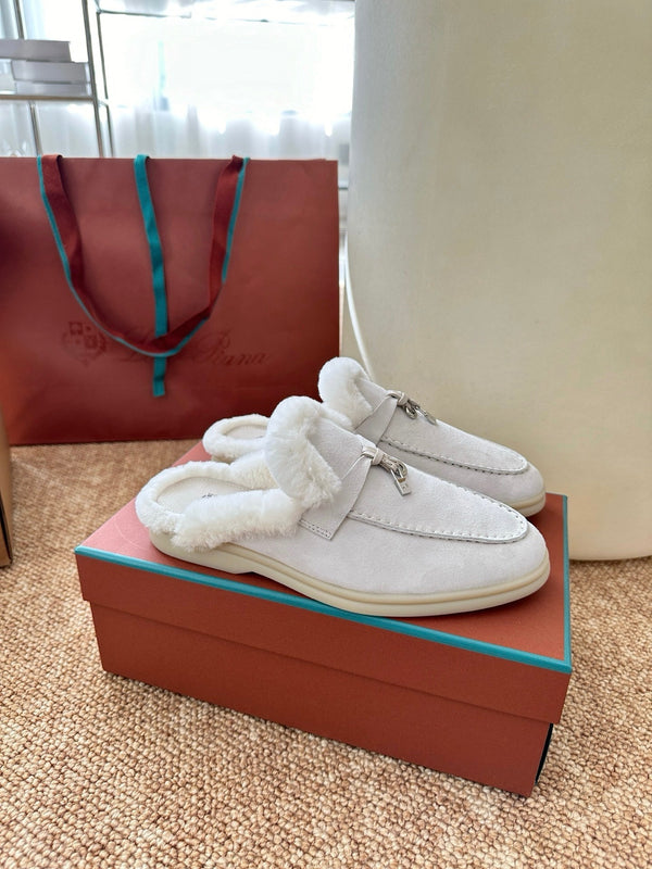 Loro Piana Charms Walk Flat Mules Grey Suede Fur 623531