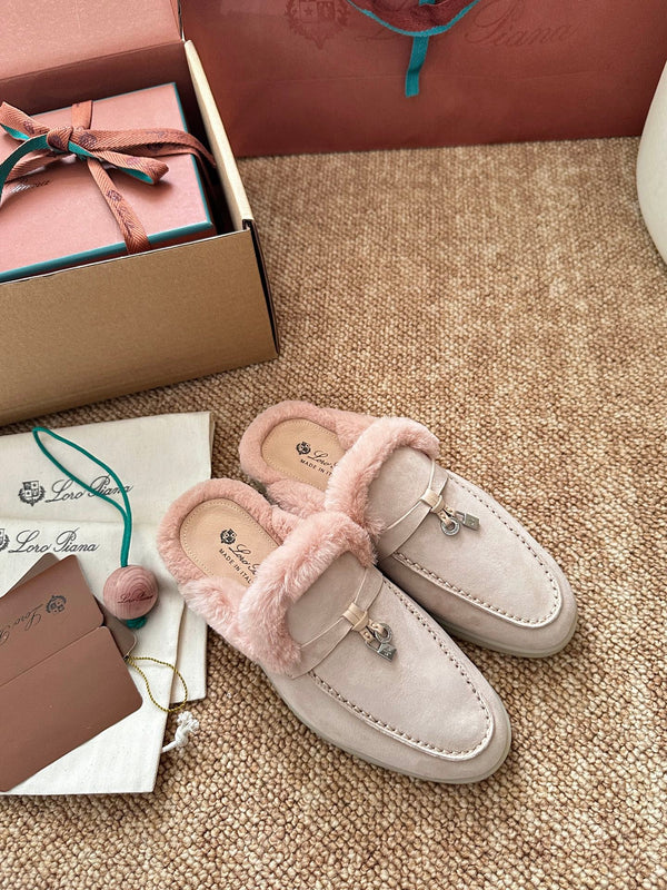 Loro Piana Charms Walk Flat Mules Light Pink Suede Fur 623533