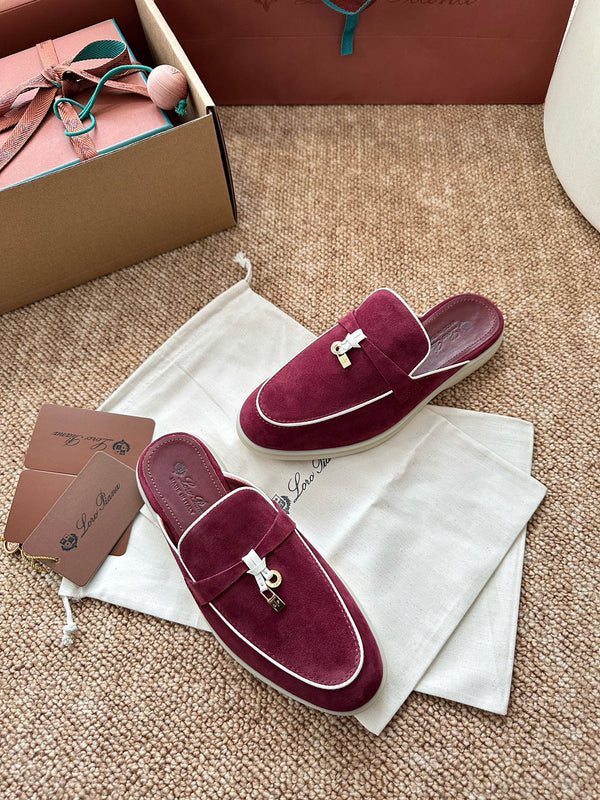 Loro Piana Charms Walk Flat Mules Burgundy Suede 623547