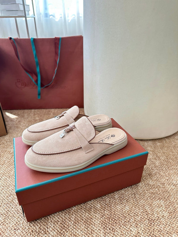 Loro Piana Charms Walk Flat Mules Pale PInk Suede 623548