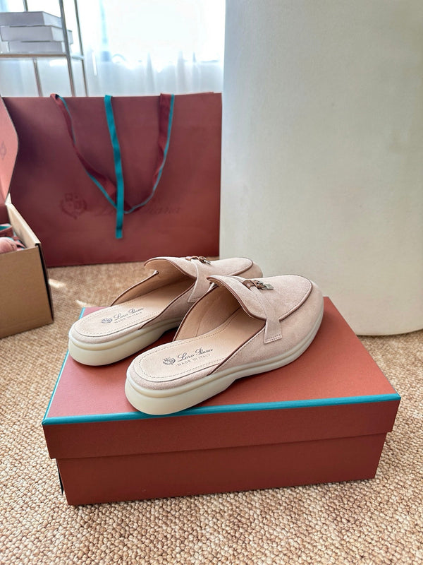 Loro Piana Charms Walk Flat Mules Pale PInk Suede 623548
